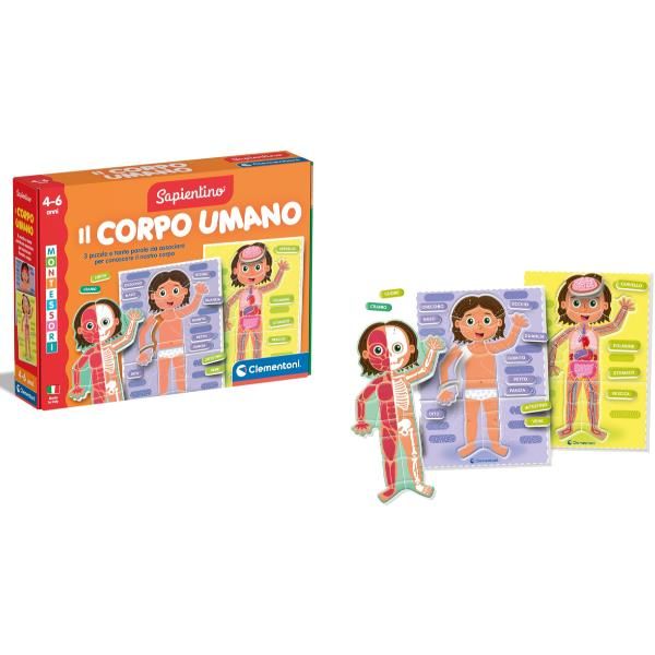 CLEMENTONI SAPIENTINO MONTESSORI IL CORPO UMANO CON 3 TABELLONI E SCHEDE SAGOMA…