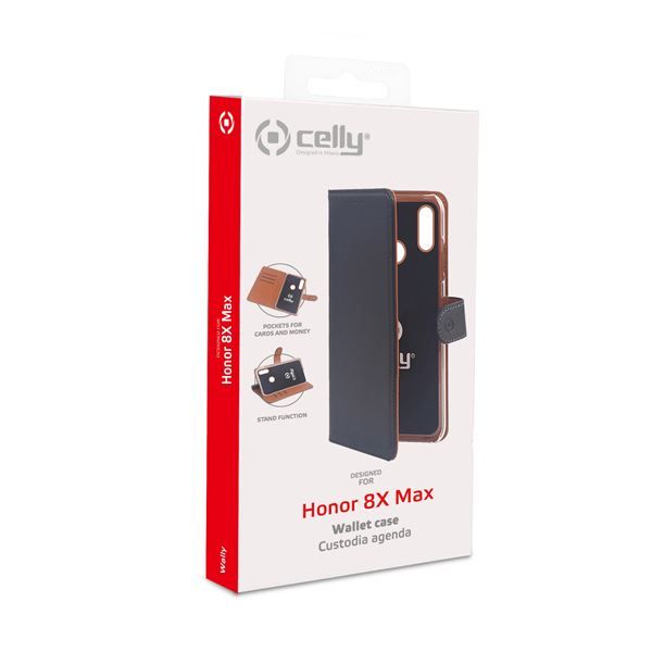 Celly Wally - Flip cover per cellulare - finta pelle - nero - per Honor 8X Max