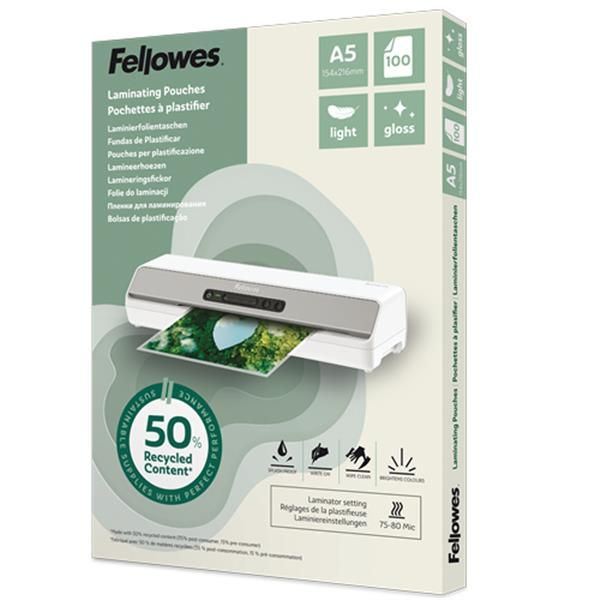 FELLOWES POUCHE DA 80 MICRON A5 RICICLATE 50% FINITURA LUCIDA TRASPARENTE CONF …