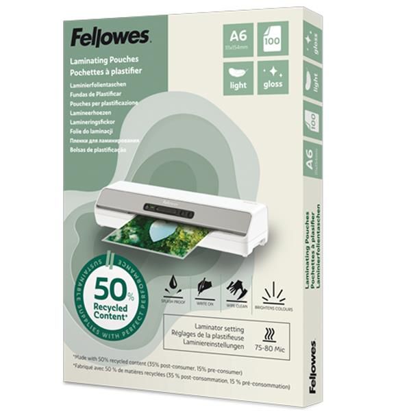 FELLOWES POUCHE DA 80 MICRON A6 RICICLATE 50% FINITURA LUCIDA TRASPARENTE CONF …