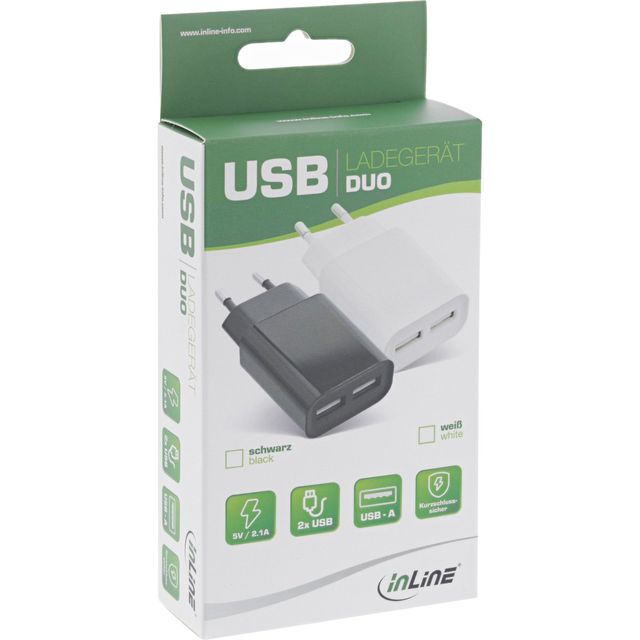InLine USB Charger DUO - Caricatore da Muro 2x USB-A 5V/2.1A 10.5W - Nero
