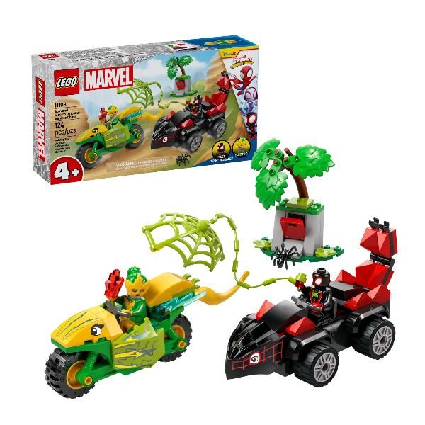 LEGO SPIDEY INSEGUIMENTO SUI DINO VEICOLI DI SPIN ED ELECTRO CON MOTO E MACCHIN…