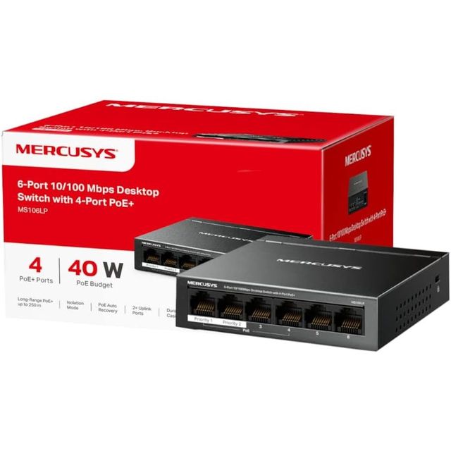 MERCUSYS DESKTOP SWITCH 6 PORT 10/100 CON 4 PORTE POE+ MS106LP