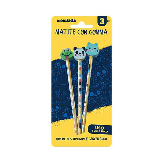 MONIKIDS CREATIVE - MATITE CON GOMMA 3 PZ FACE ANIMAL
