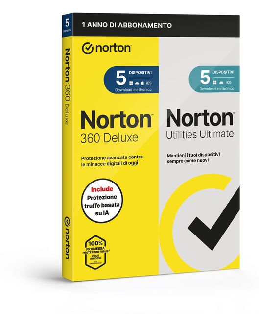NORTON 360 DELUXE 2026 + ULTIMATE UTILITIES ANTITRUFFA 5 DISPOSITIVI 50GB BACKU…