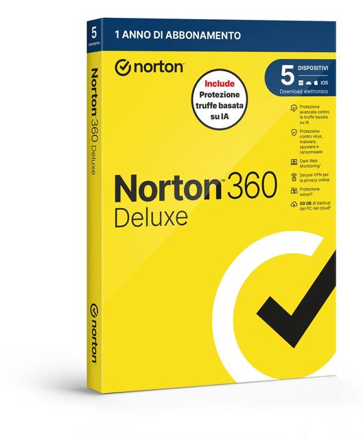 NORTON 360 DELUXE 2026 ANTITRUFFA 5 DISPOSITIVI 50GB BACKUP 12 MESI BOX