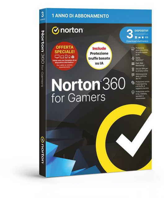 NORTON 360 FOR GAMERS 2026 ATTACH ANTITRUFFA 3 DISPOSITIVI 50GB BACKUP 12 MESI …