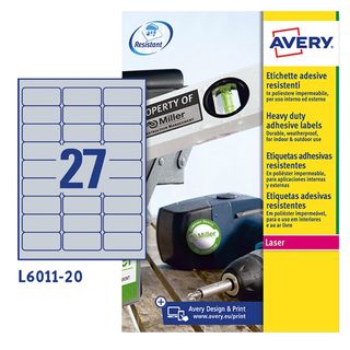 Poliestere adesivo L6011 argento 8fg A4 63,5x29,6mm (27et/fg laser Avery