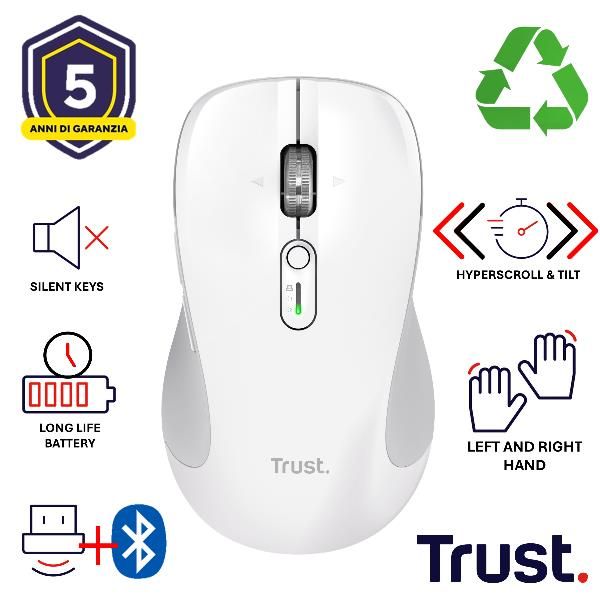 Trust 25674, Ambidestro, Bluetooth, 3200 DPI, Bianco