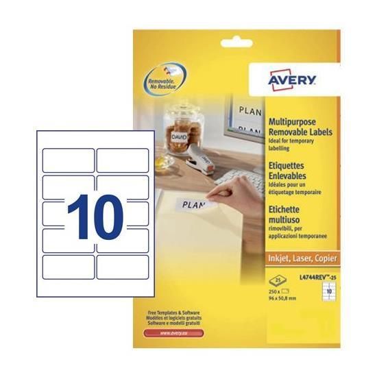 Avery L4744REV - Adesivo rimovibile - bianco - 50.8 x 96 mm 250 pezzi (25 fogli…