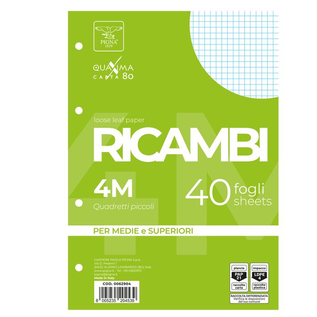 Ricambi forati Quaxima - A4 - 4 mm - 80 gr - Pigna - conf. 40 pezzi