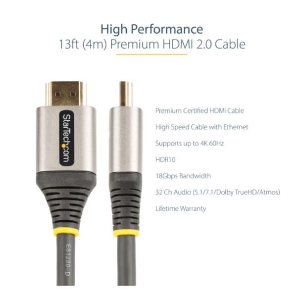 StarTech.com 13ft (4m) Premium Certified HDMI 2.0 Cable - High-Speed Ultra HD 4…