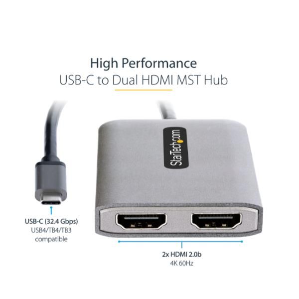 StarTech.com USB-C to Dual HDMI MST HUB, Dual HDMI 4K 60Hz, USB Type C Multi Mo…