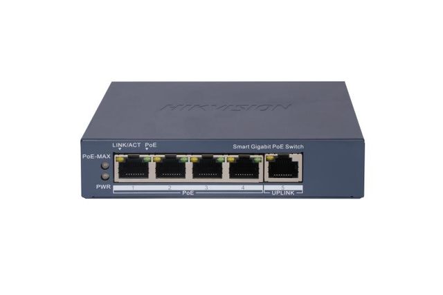 HIKVISION SWITCH L2, SMART MANAGED, 4 GIGABIT RJ45 POE PORTS, 1 GIGABIT RJ45 PO…