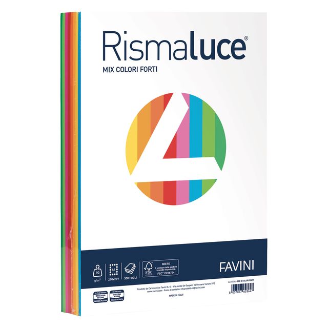 Carta Rismaluce - A3 - 90 gr - mix 8 colori - Favini - conf. 300 fogli